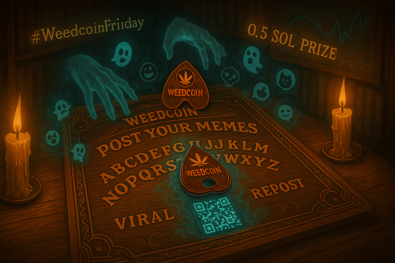 Weedcoin-branded ouija board summoning cursed memes for a Friday the 13th contest with 0.5 SOL prize