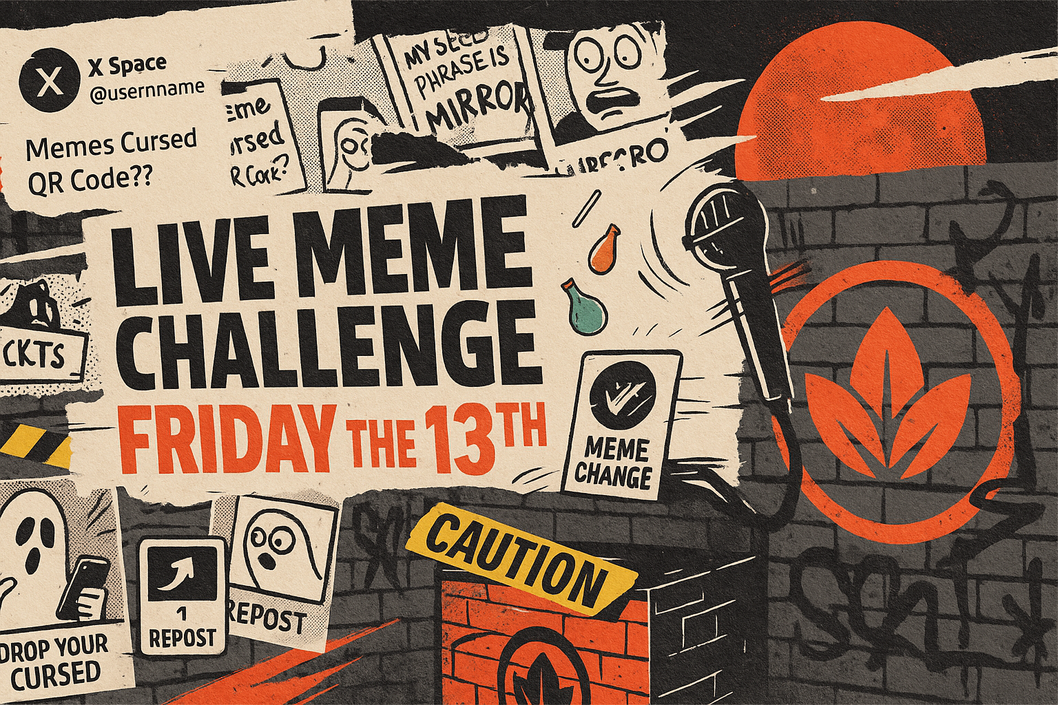 Live Meme Challenge poster for Friday the 13th with cursed memes, repost signs, and Weedcoin branding.