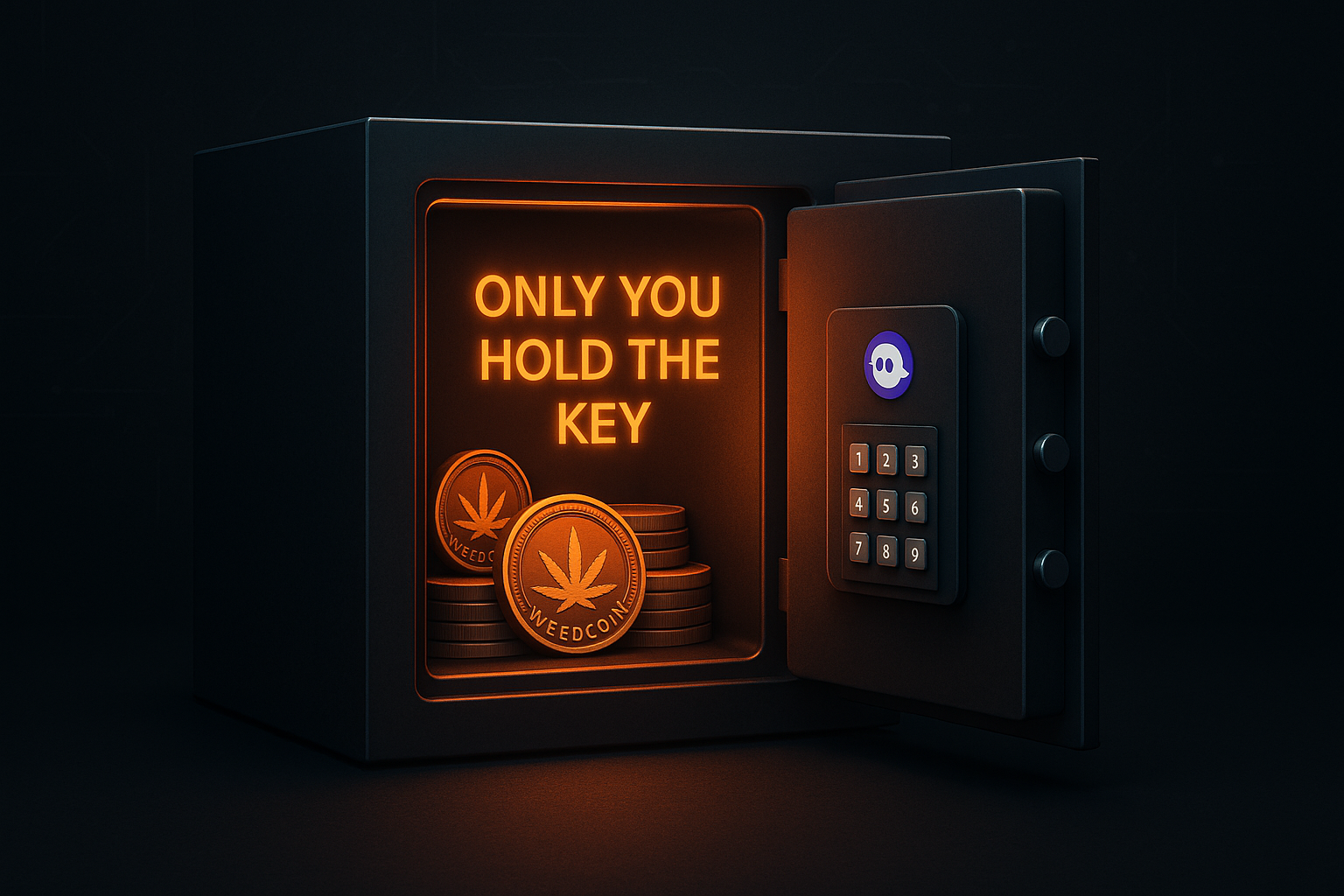 Digital vault glowing open with Weedcoin inside and Phantom Wallet access controls