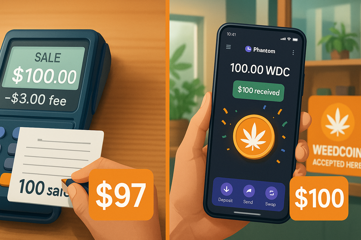 Side-by-side of credit card fee loss vs full Weedcoin payment in Phantom Wallet