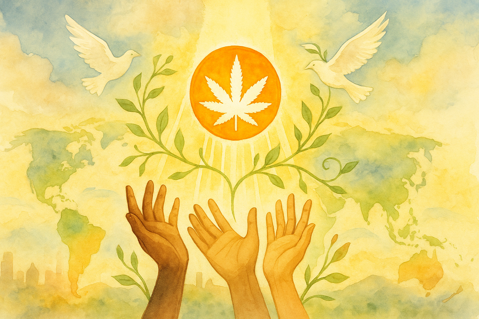 Watercolor scene of diverse hands reaching toward glowing Weedcoin token, symbolizing peace and unit