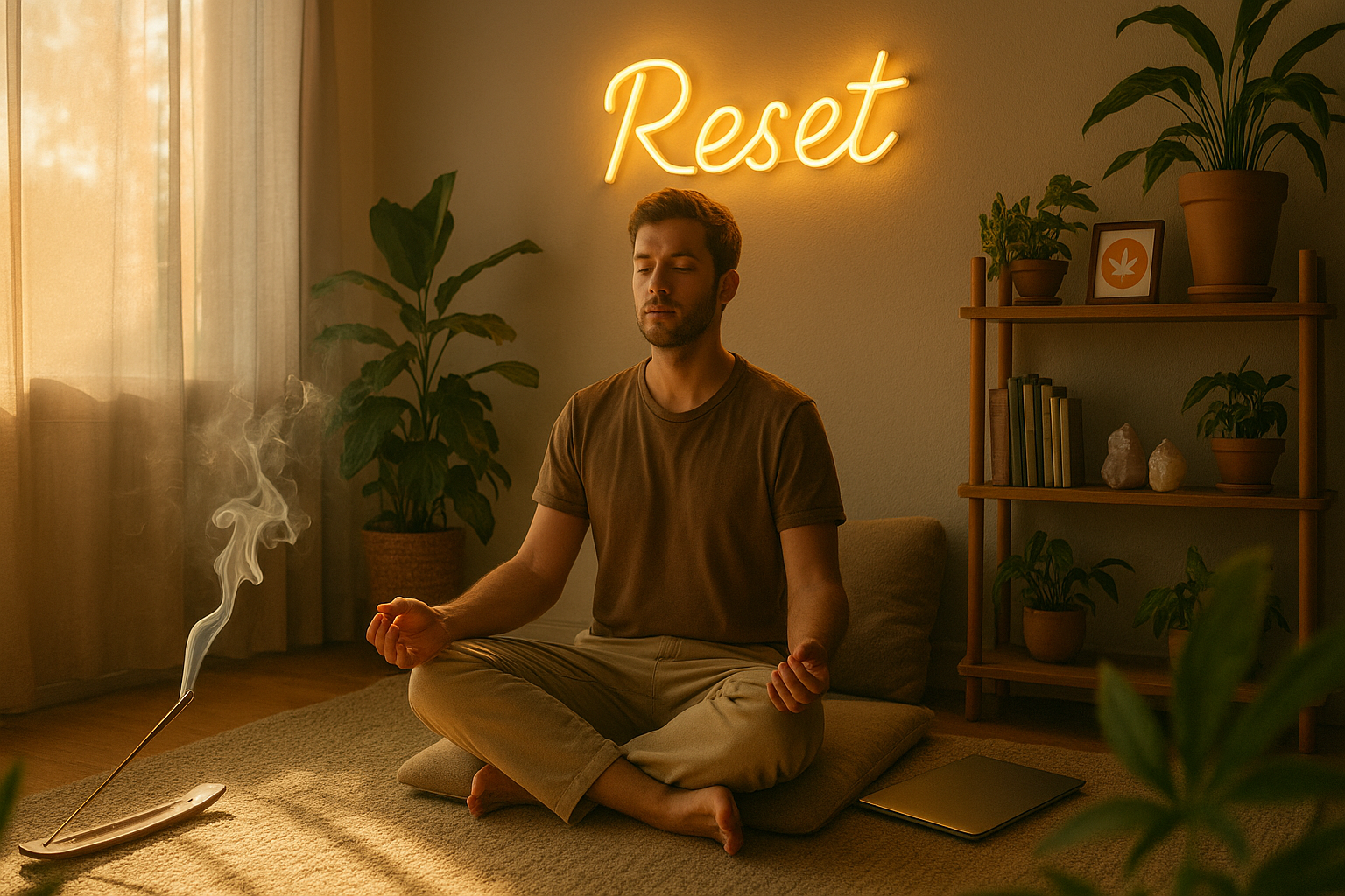Man meditates in a cozy, plant-filled room at sunset, with incense smoke rising and a “Reset” sign
