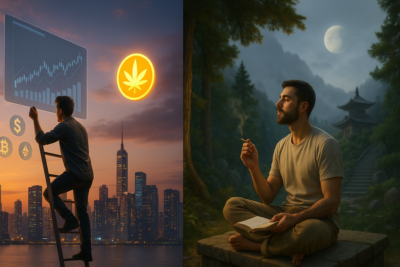 Builder climbs toward data screen in city as another meditates in nature, both connected by glowing Weedcoin orb.