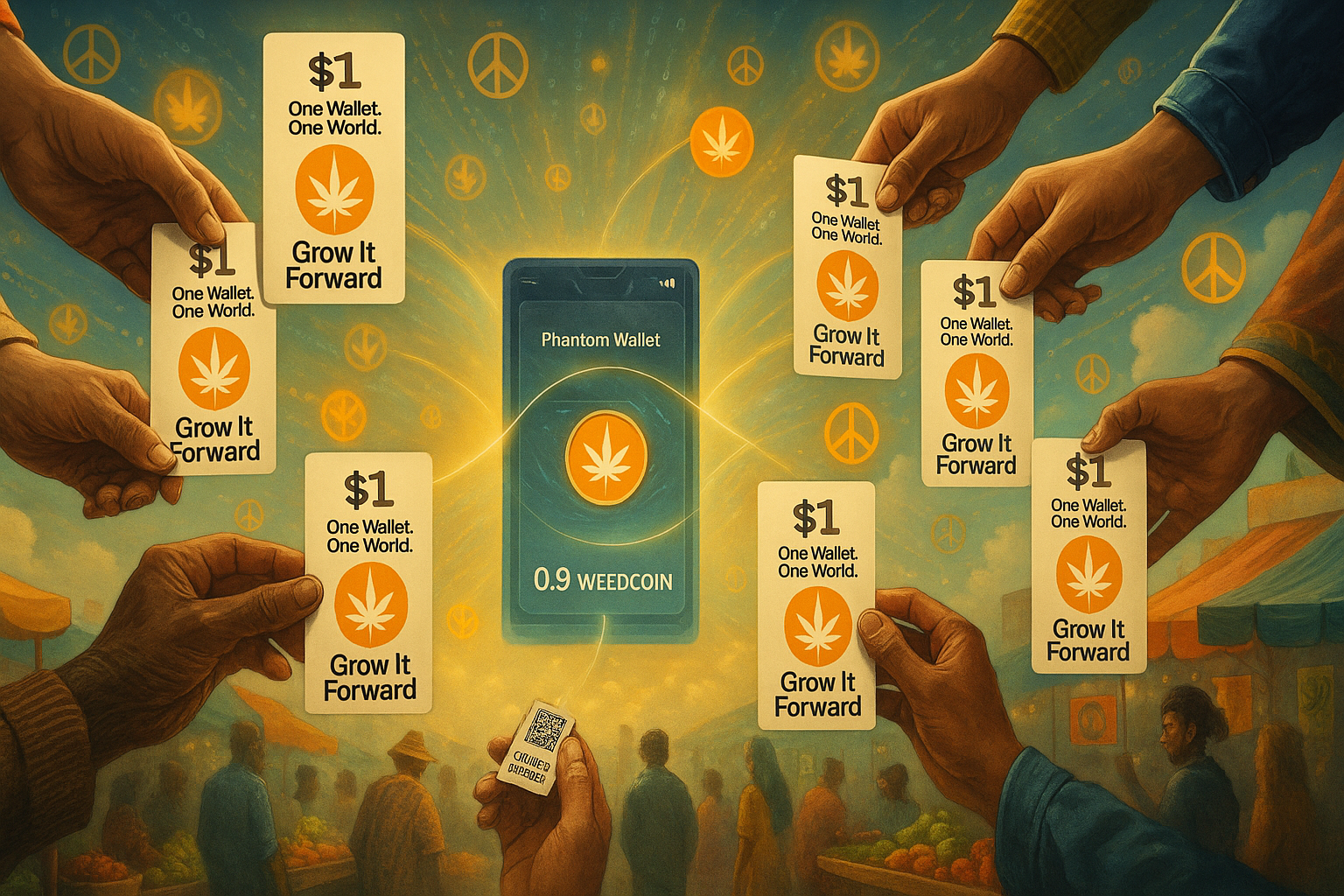 Dozens of global hands offer $1 Weedcoin cards into a floating Phantom Wallet across a golden digital sky