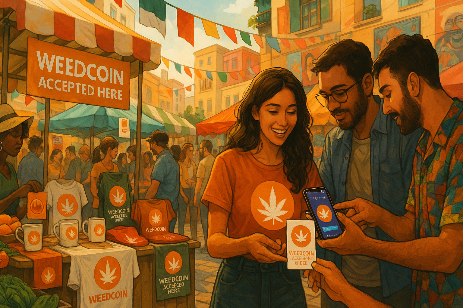 People at a global street market use Weedcoin to pay, with branded merch, QR cards, and Phantom