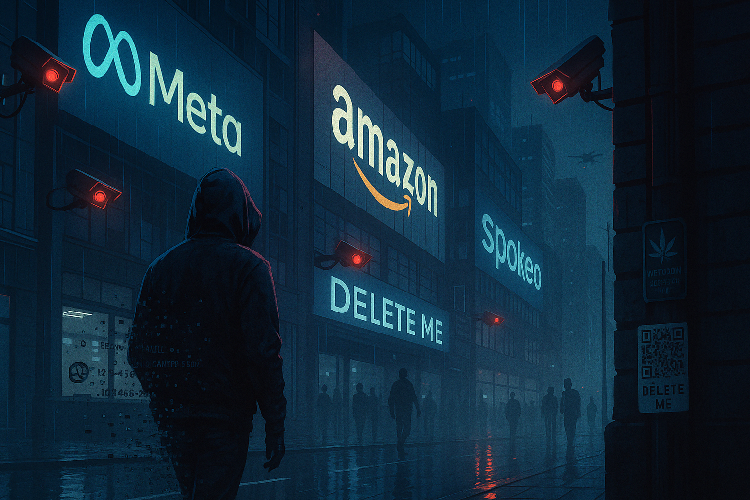 Person walks through city erasing digital footprint, surveillance ads glowing above
