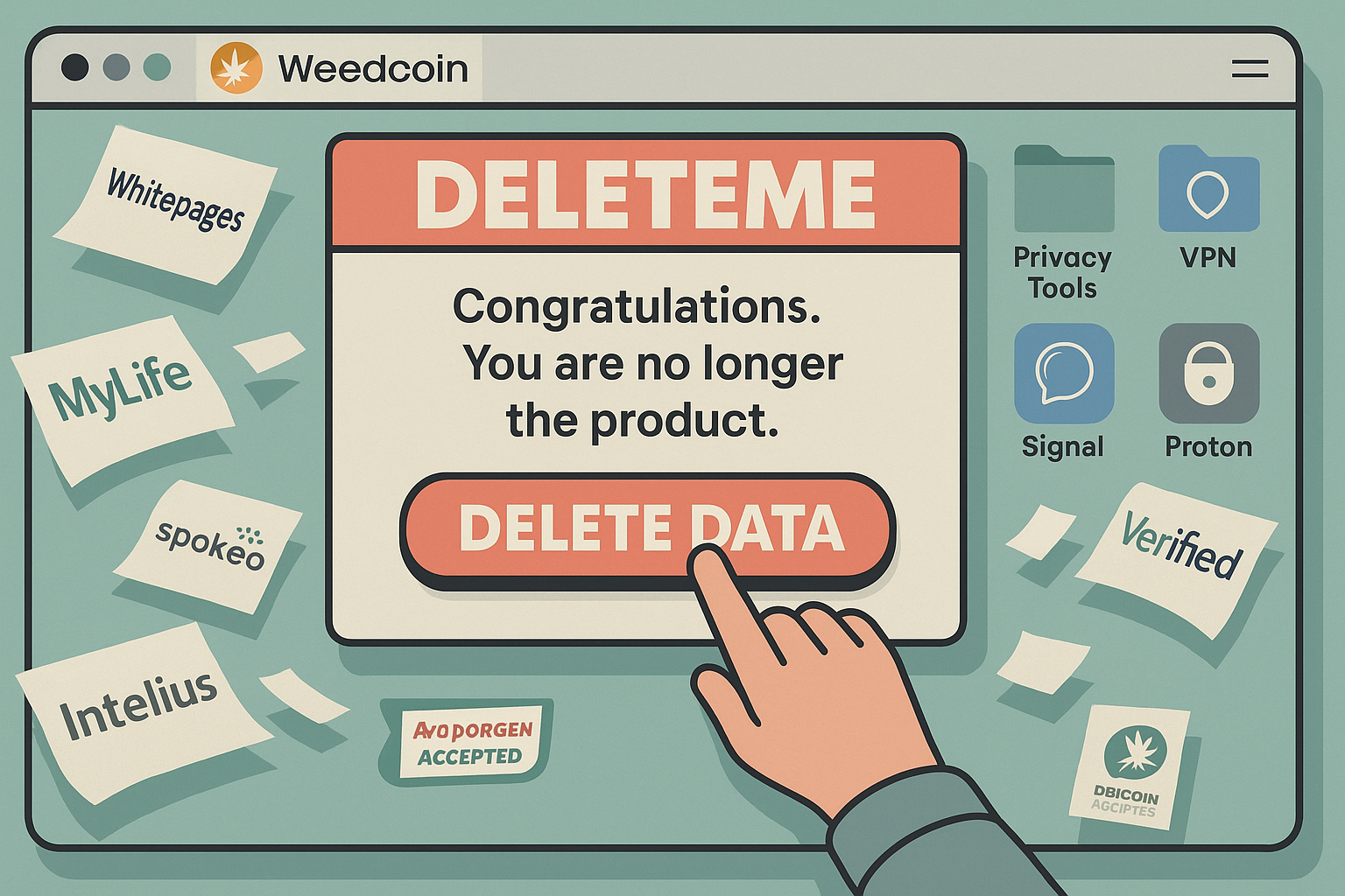 Illustrated hand clicks delete button as data broker icons scatter