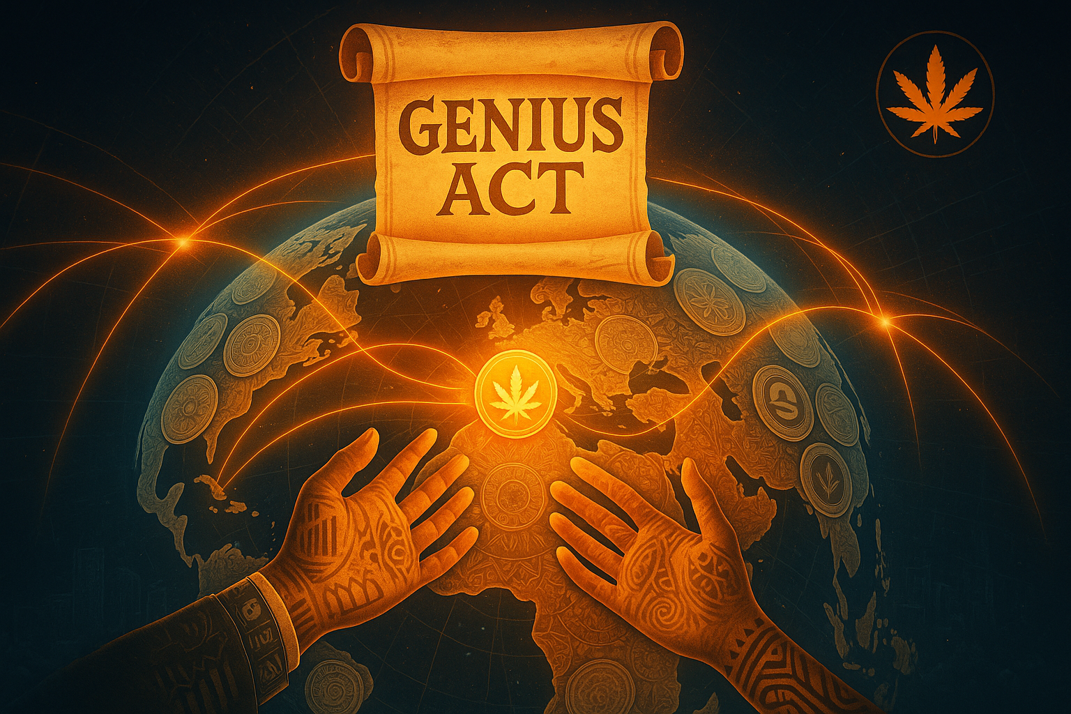 Digital world map of coins with orange light bridges and a floating GENIUS ACT scroll, hands reach