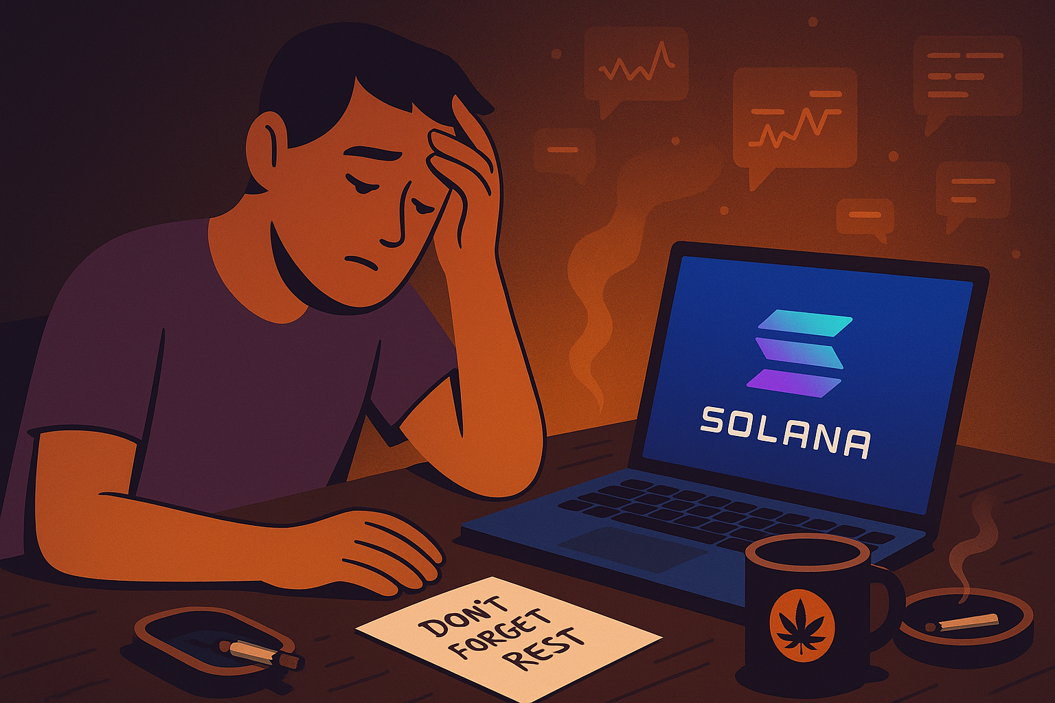 Tired person at desk with glowing laptop showing Weedcoin, coffee mug, and market alerts fading