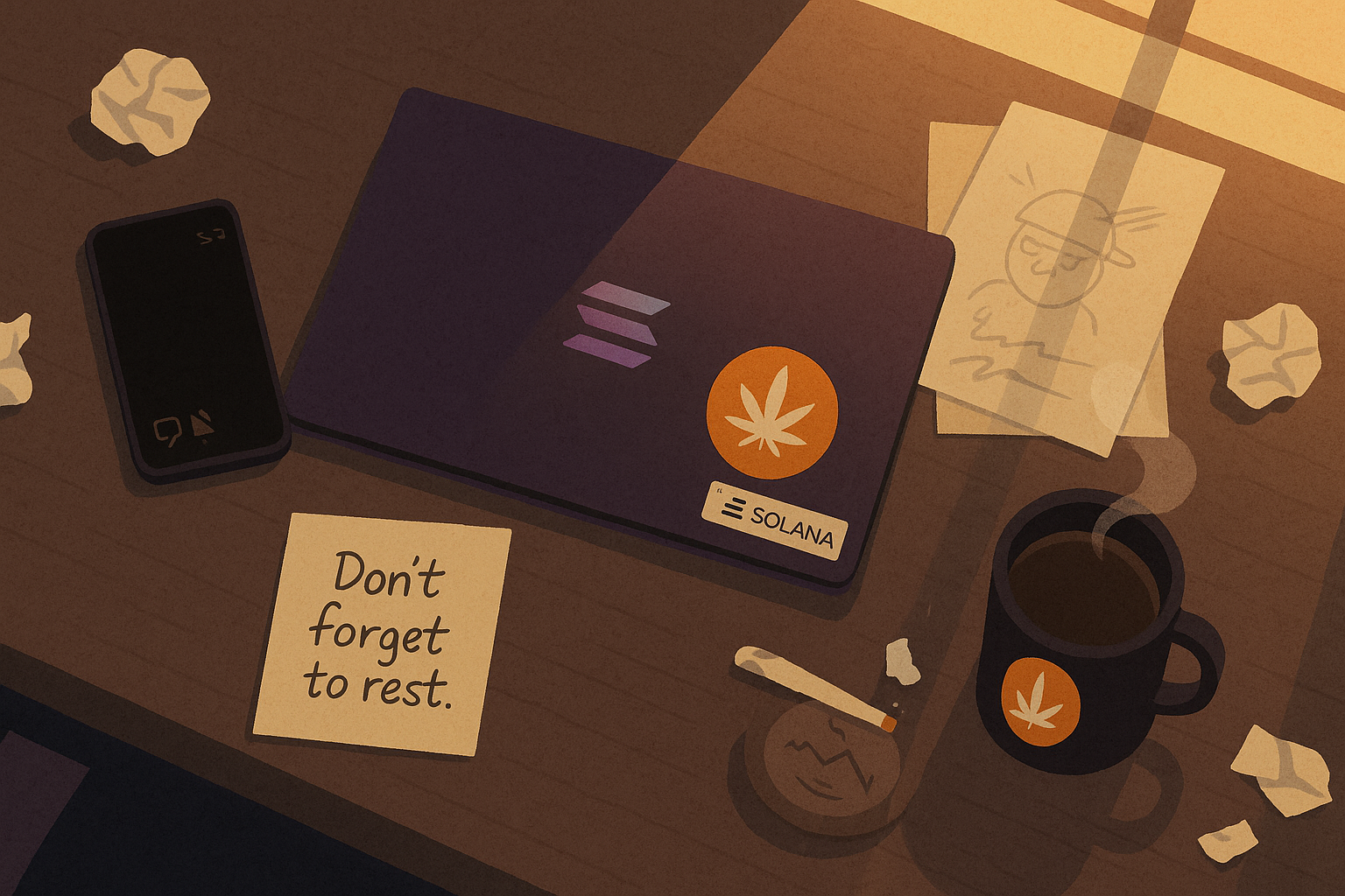 Overhead view of paused Web3 desk with Weedcoin laptop, rest note, and fading coffee steam in warm morning light.