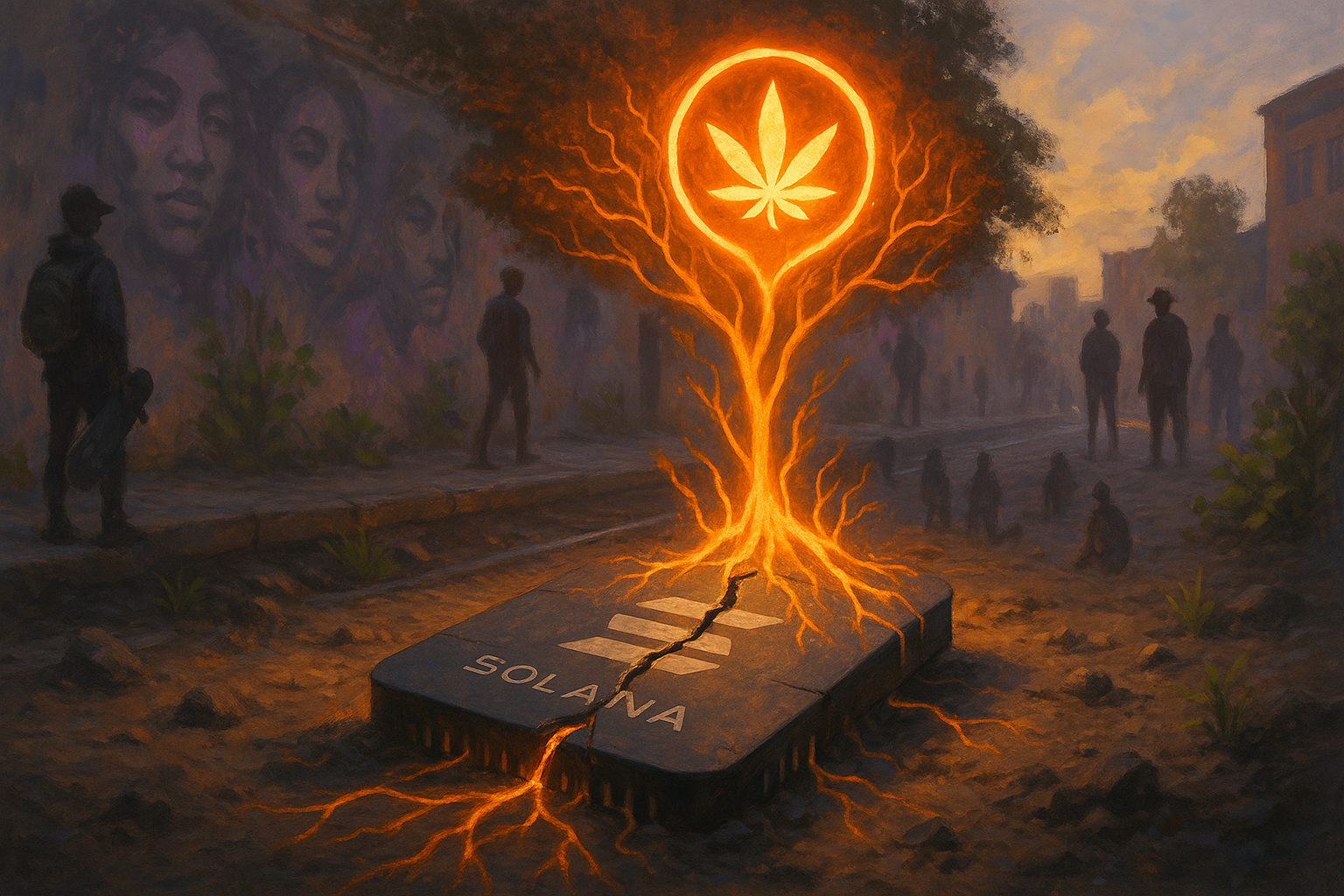 A cracked Solana chip glows from the street as orange roots rise into a Weedcoin canopy, with murals