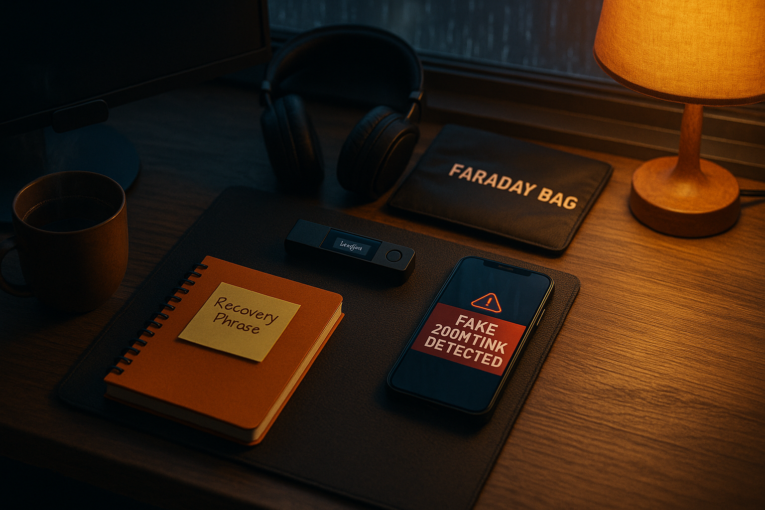 Secure desk with Ledger wallet, phishing alert phone, recovery notebook, and Faraday bag lit by a warm lamp.