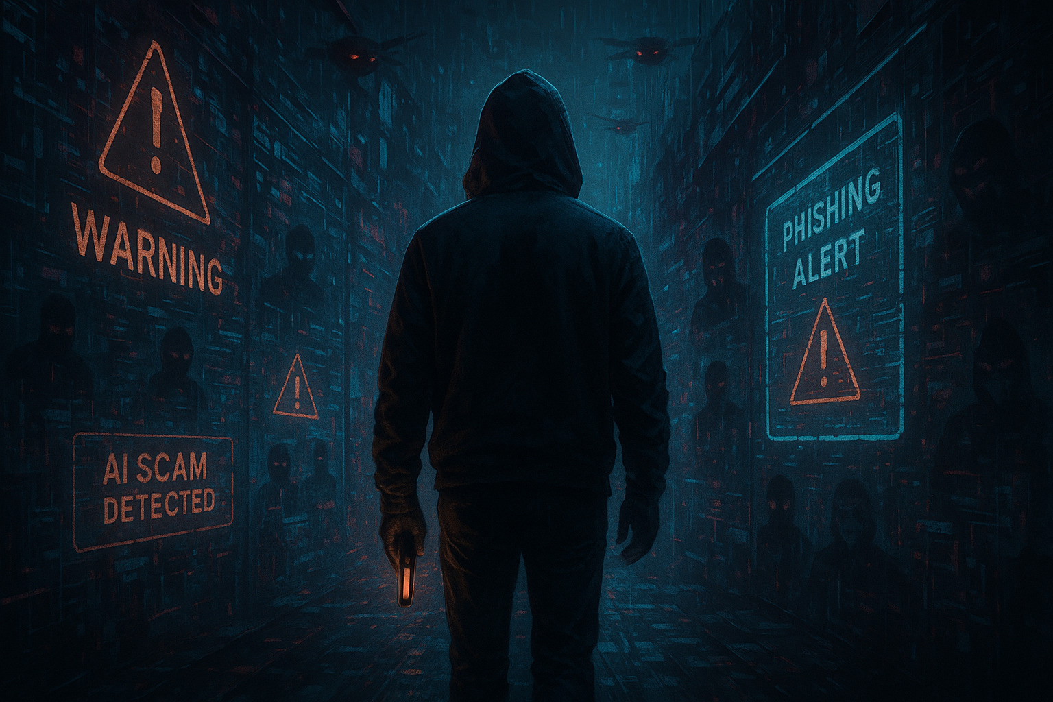 A hooded figure walks through a dark digital alley with glowing scam warnings and a Ledger wallet gl