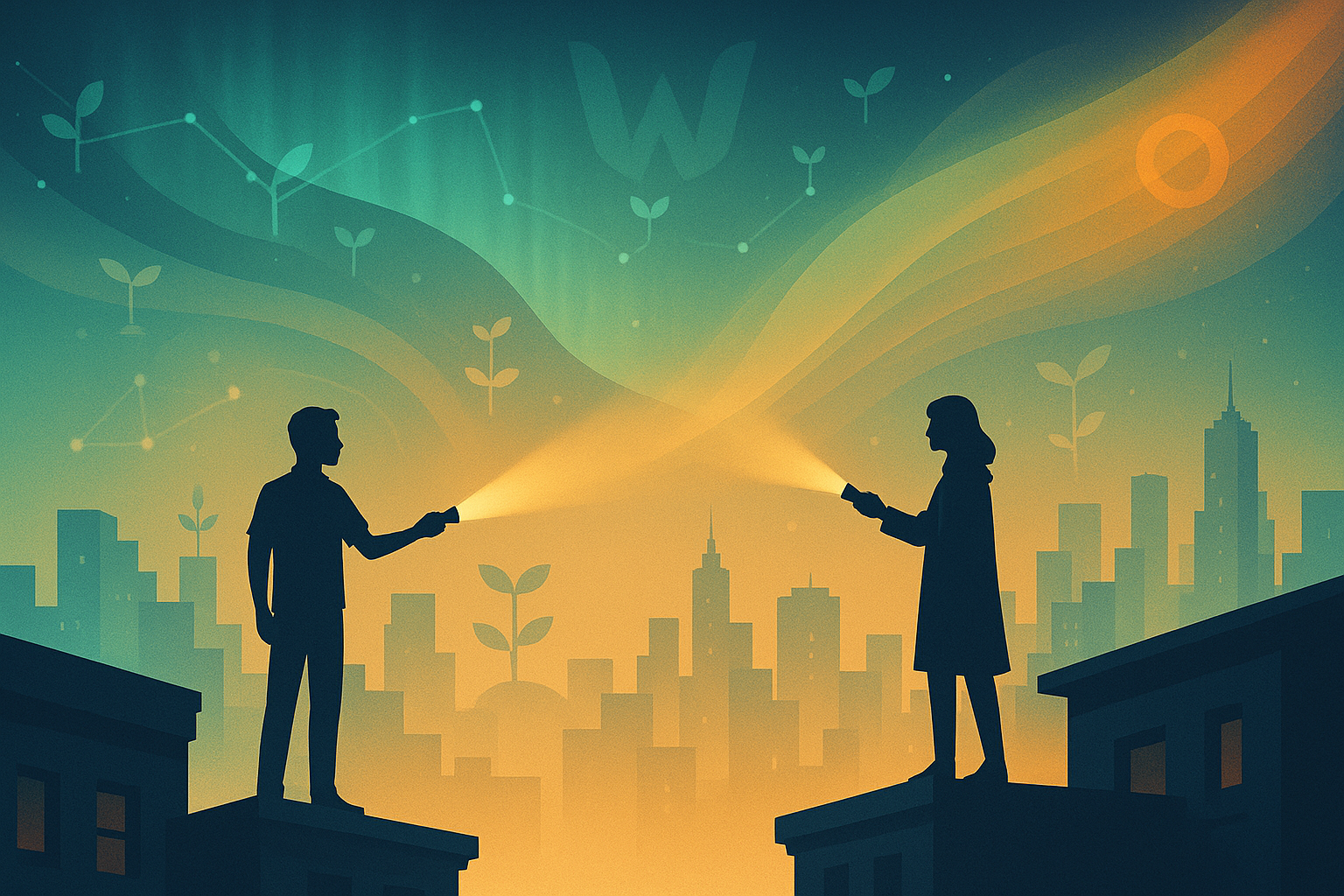 Two silhouetted figures exchange beams of light across rooftops, symbolizing creative Web3 collaboration and community growth.