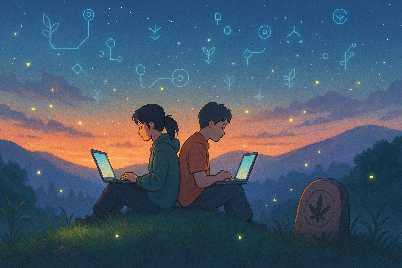 Two young builders sit back-to-back with laptops at sunset, coding peacefully under blockchain 