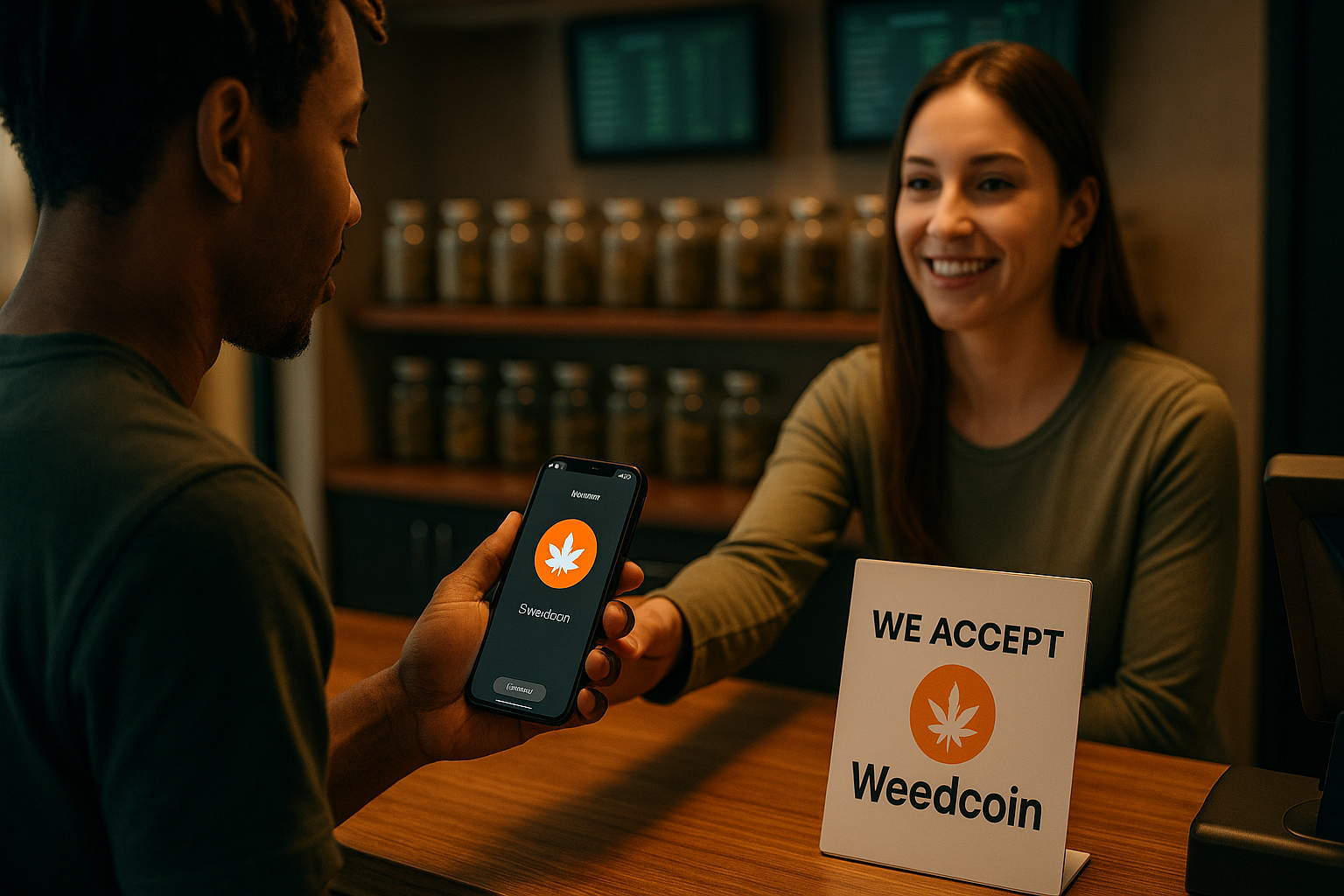 Customer pays with Weedcoin at a dispensary counter using a phone as cashier smiles.