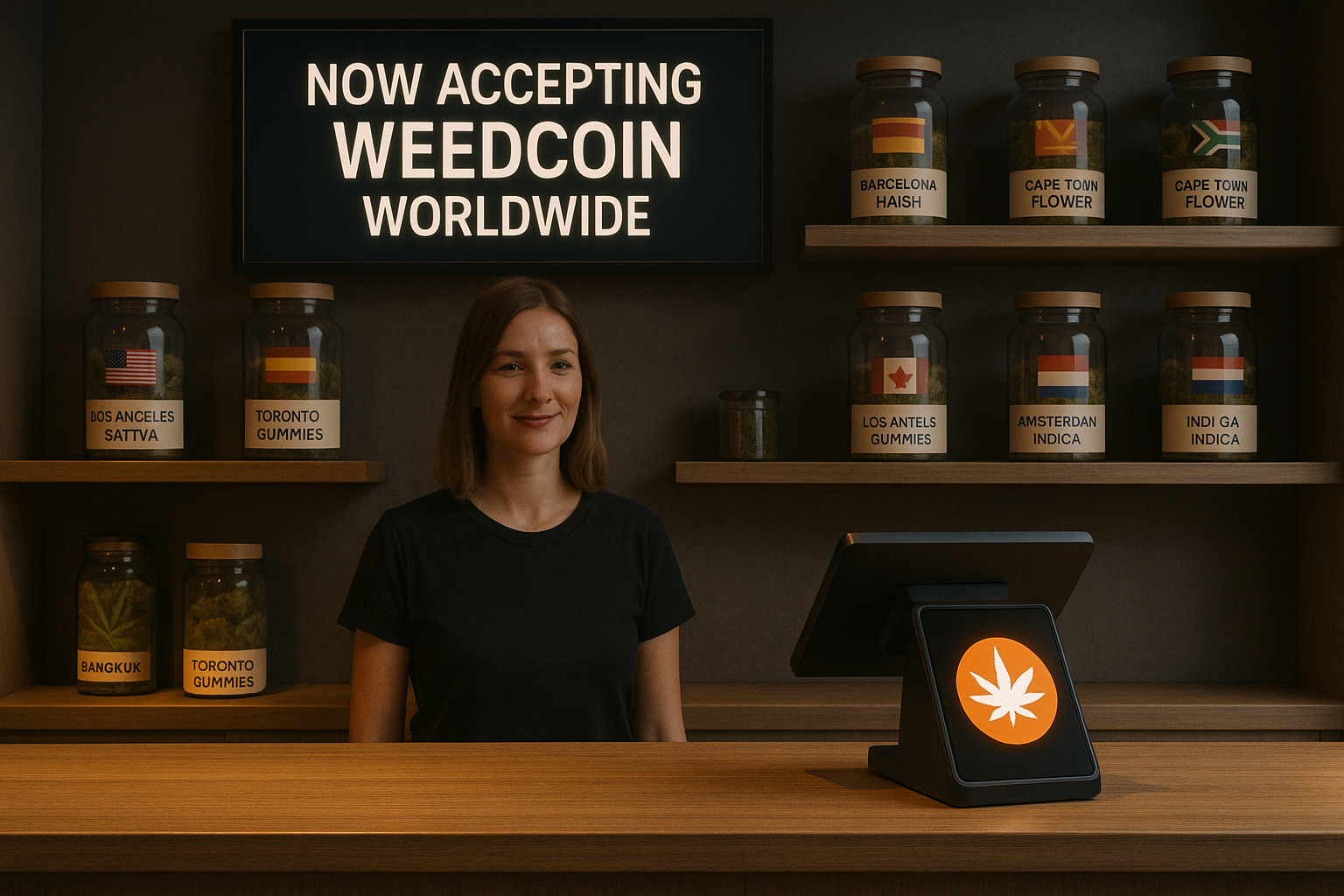 Budtender at global dispensary counter with Weedcoin sign and jars labeled by city and strain.
