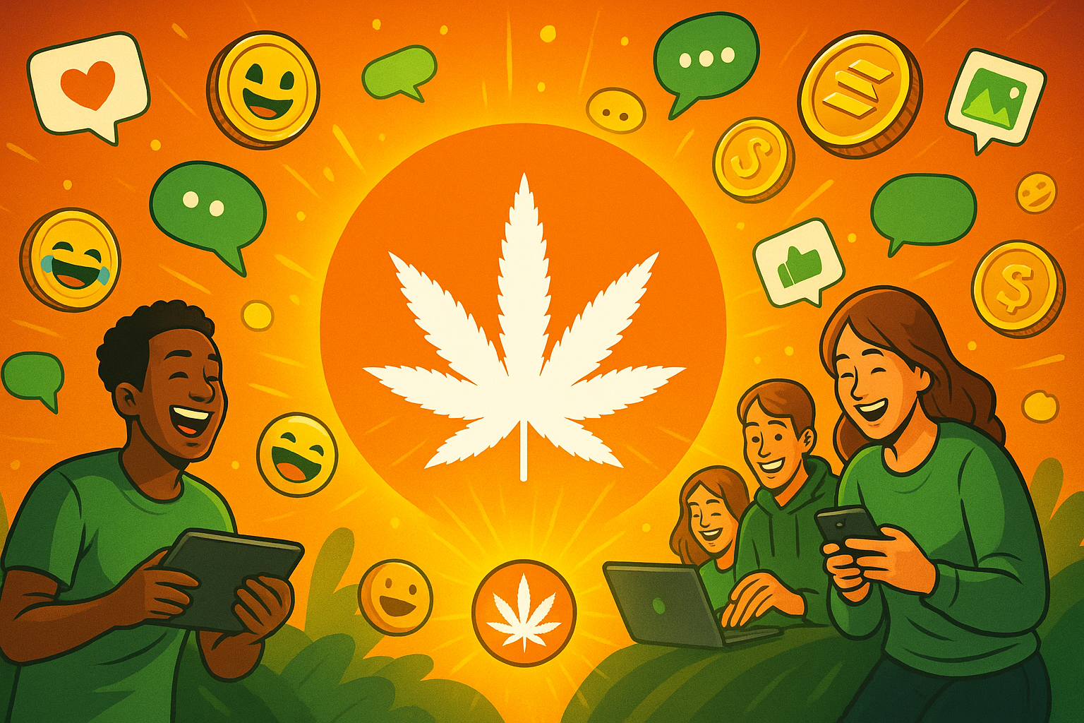 Weedcoin logo glowing amidst floating memes, SOL coins, and people creating digital art.