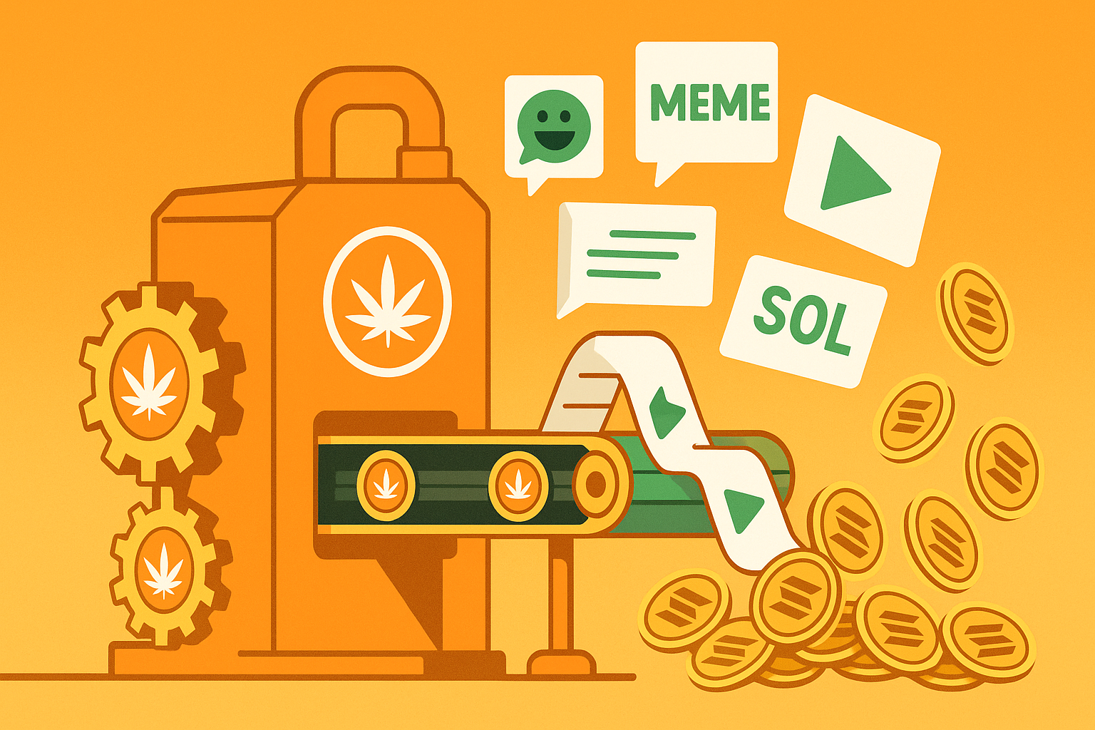 A cartoon machine made of Weedcoin logos creating memes and videos, with SOL coins flowing out as rewards.