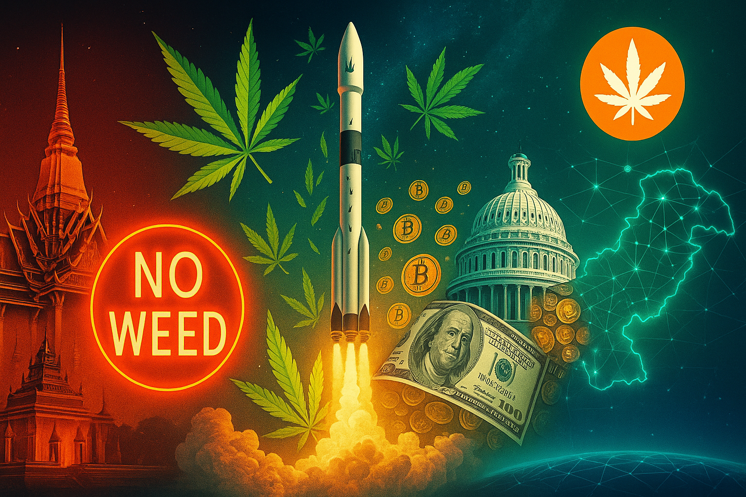 Blueprint collage of Thailand, rocket, U.S. Capitol, Pakistan, crypto, and cannabis news icons.