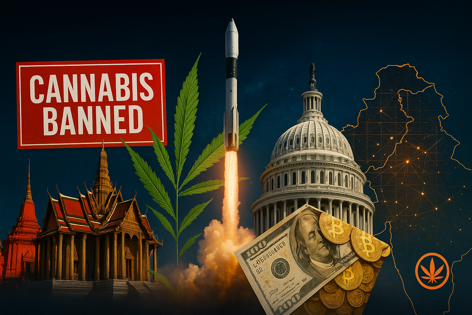 Collage of Thailand’s palace, cannabis ban, rocket launch, U.S. Capitol with crypto, and Pakistan di