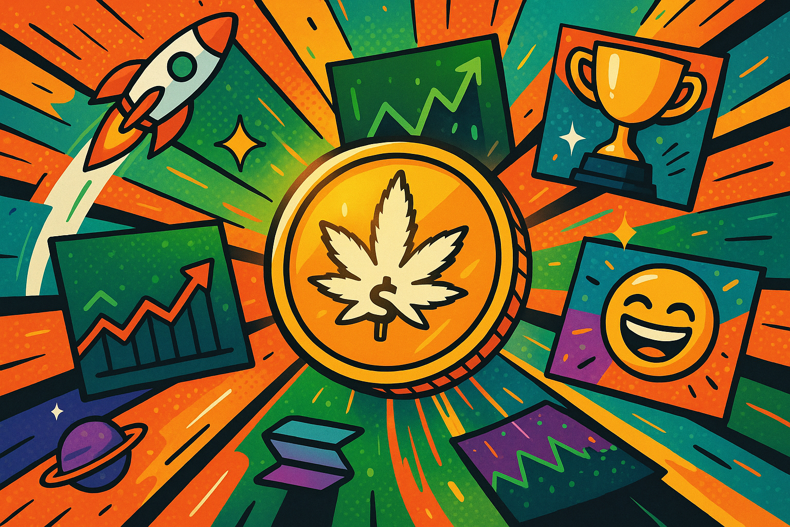 Comic-style art of a glowing Weedcoin token, rocket, charts, trophy, and emoji on a colorful burst background.