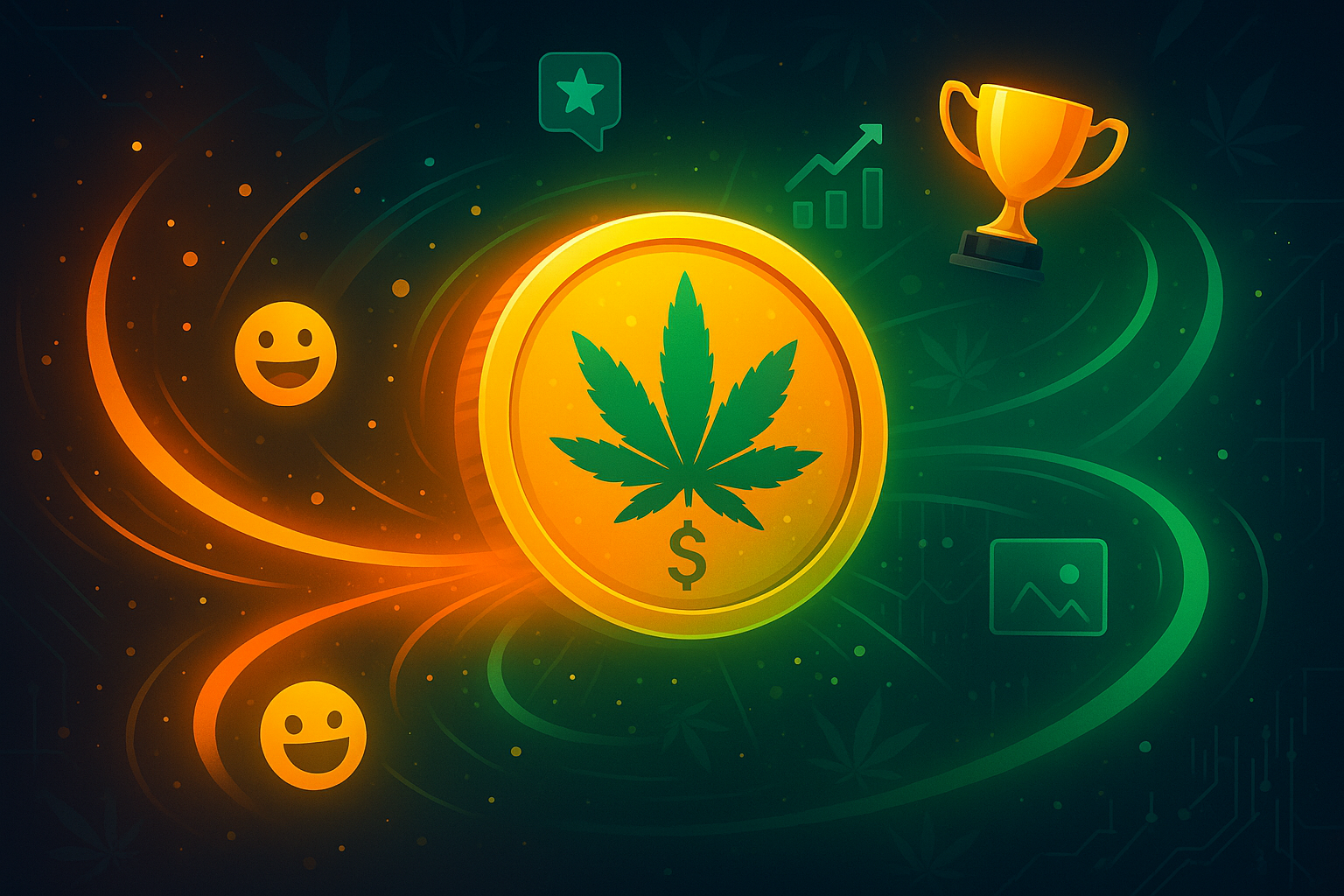 Glowing gold Weedcoin token with cannabis leaf, trophy, emojis, and crypto icons on digital backgrou