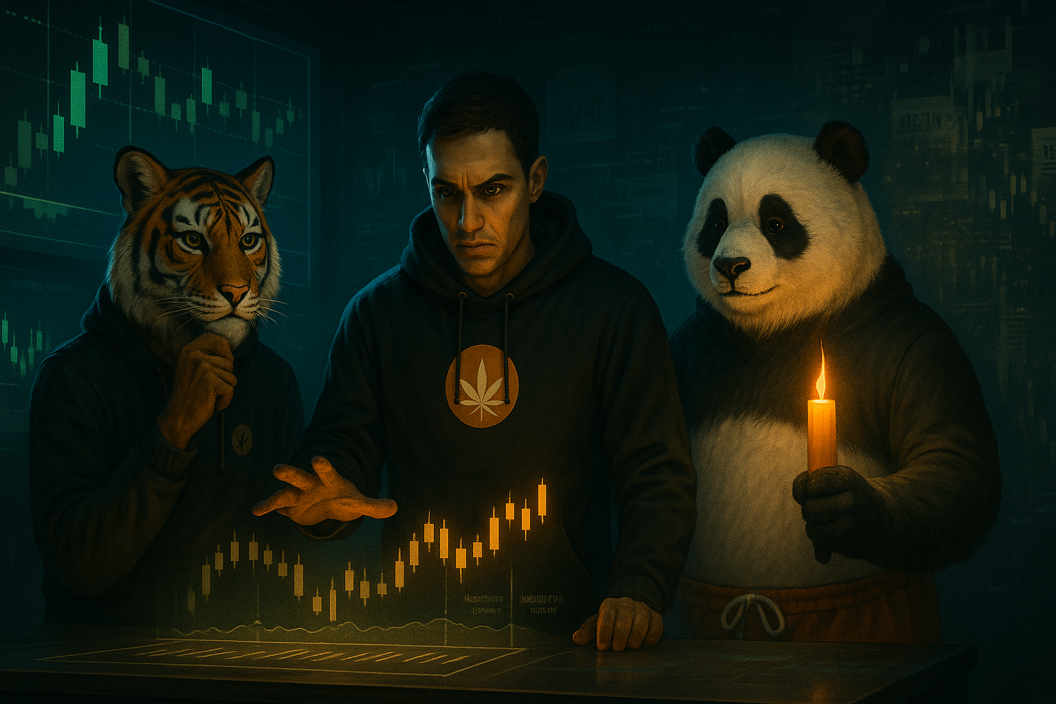 Strive, Wiz, and Haze study orange trading charts in a dark crypto room, serious and focused.