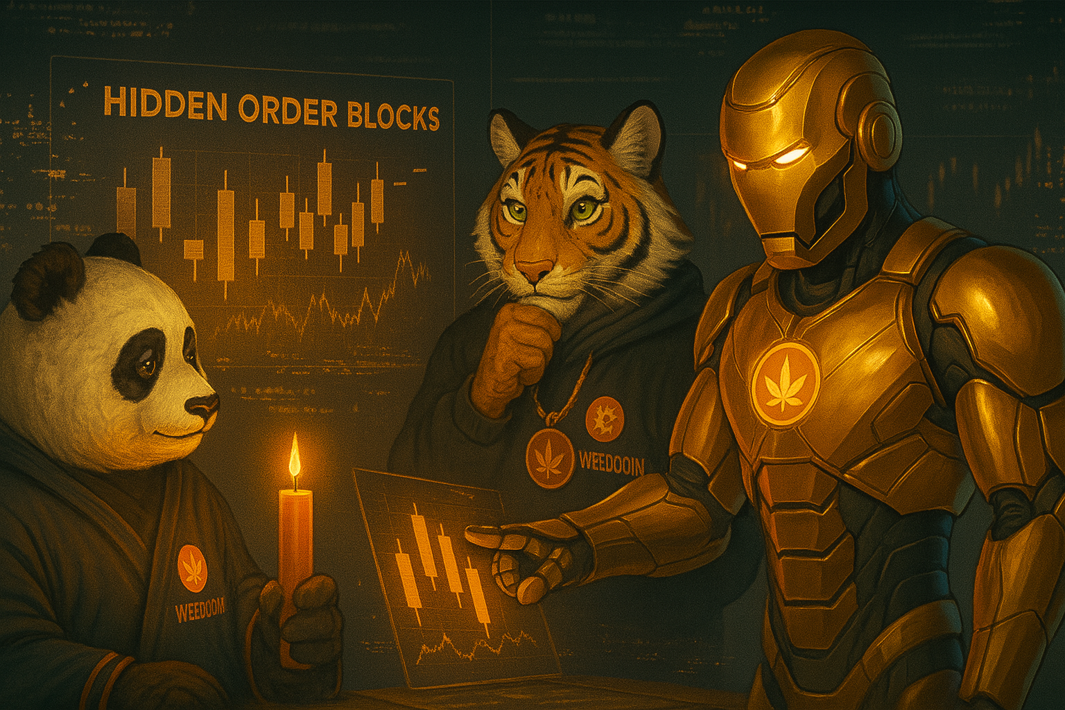 Digital painting of Strive, Wiz, and Haze at a trading desk with holographic charts glowing in Weedcoin orange.