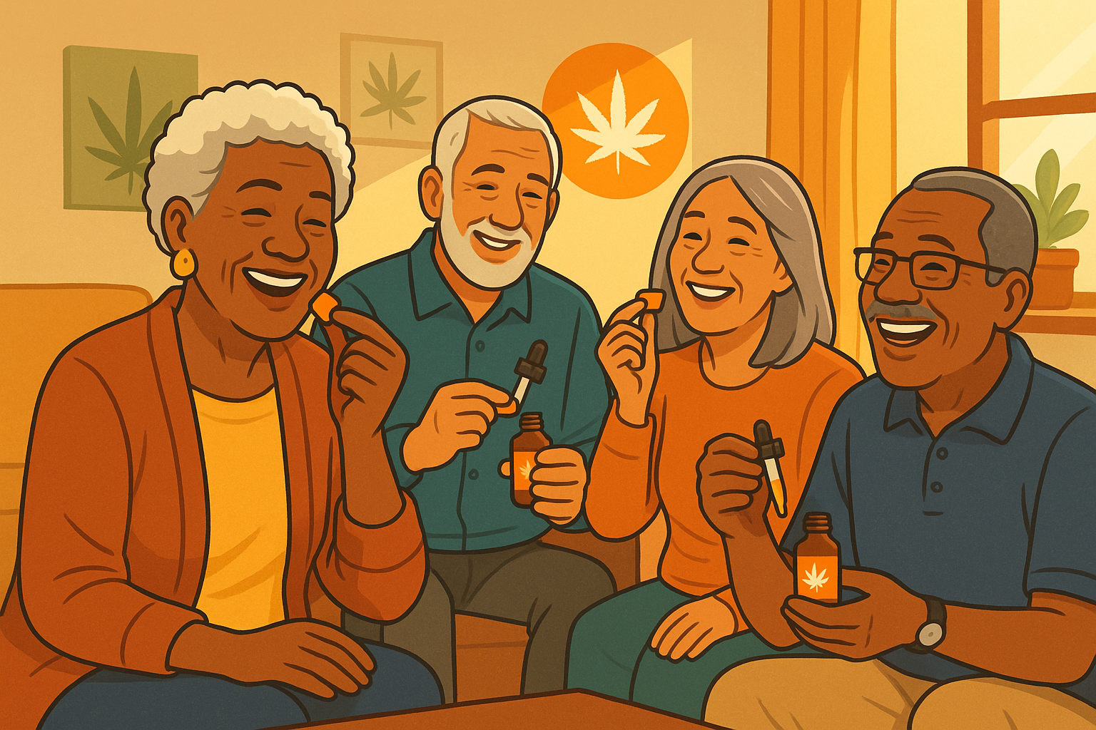 Seniors happily using cannabis edibles safely at home, illustrating increased cannabis adoption