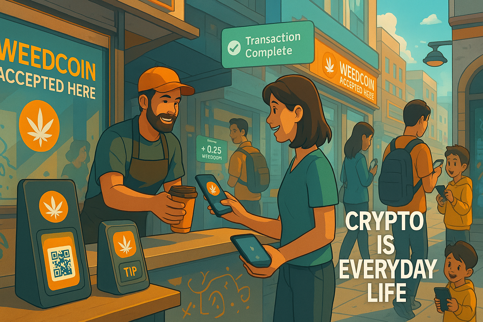 Street scene showing everyday people using WeedCoin in a fully cashless urban environment