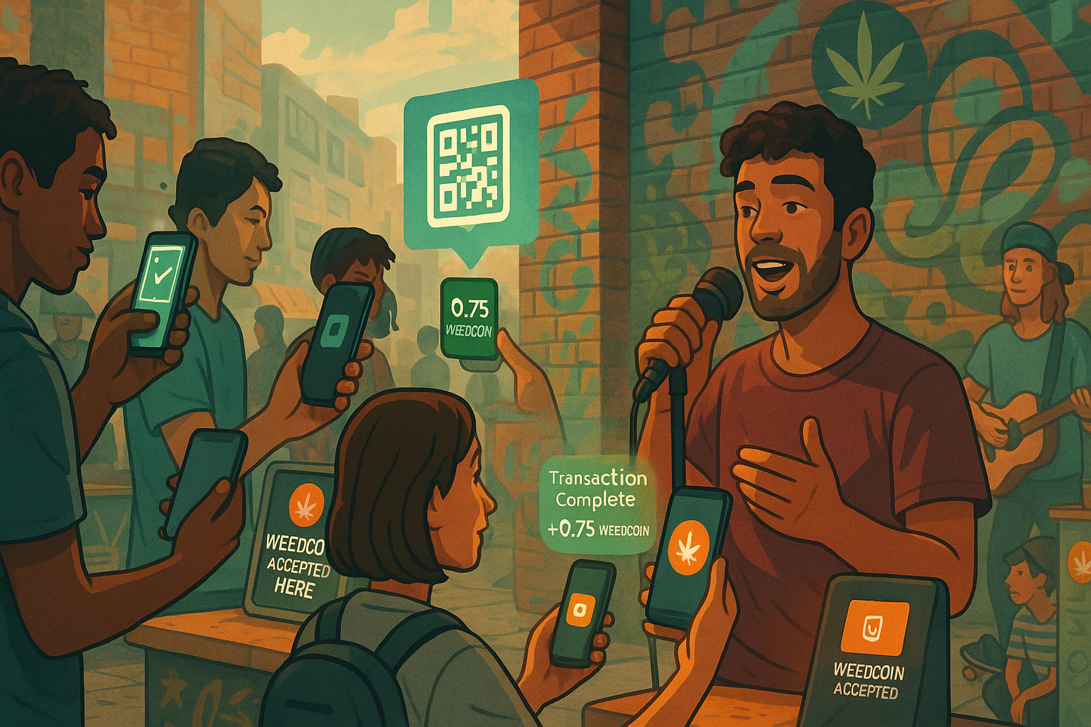 Street performers and creators exchanging WeedCoin via QR code in a cultural peer-to-peer cashless