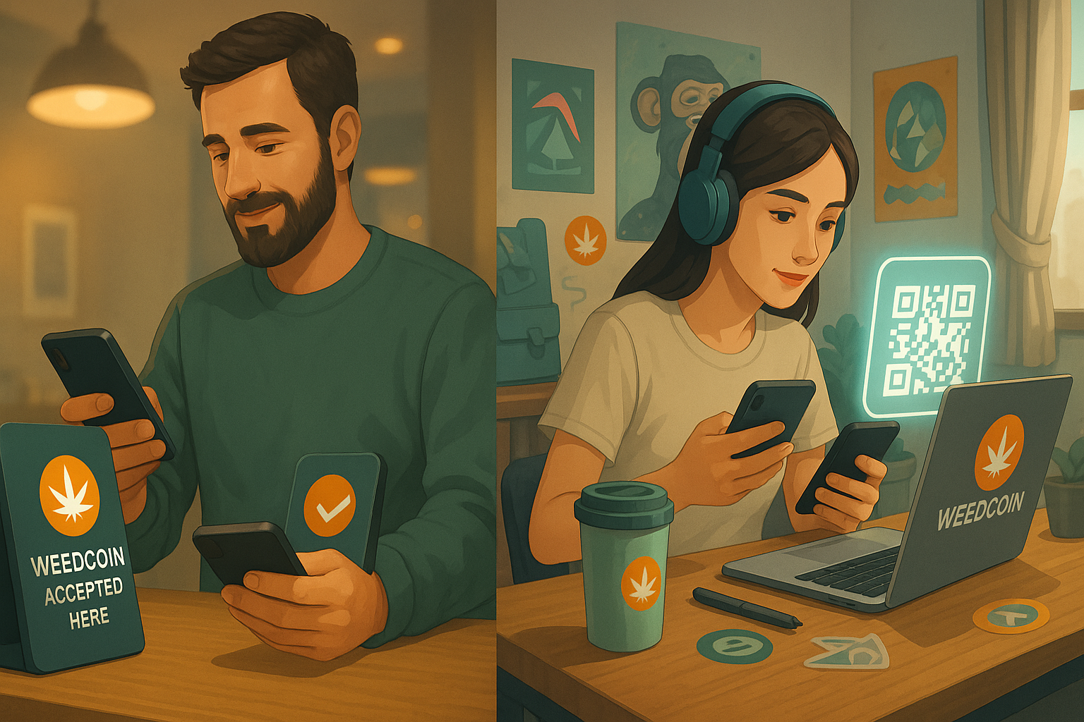 Split scene of Millennial and Gen Z users paying with WeedCoin via phone and laptop in everyday digital environments