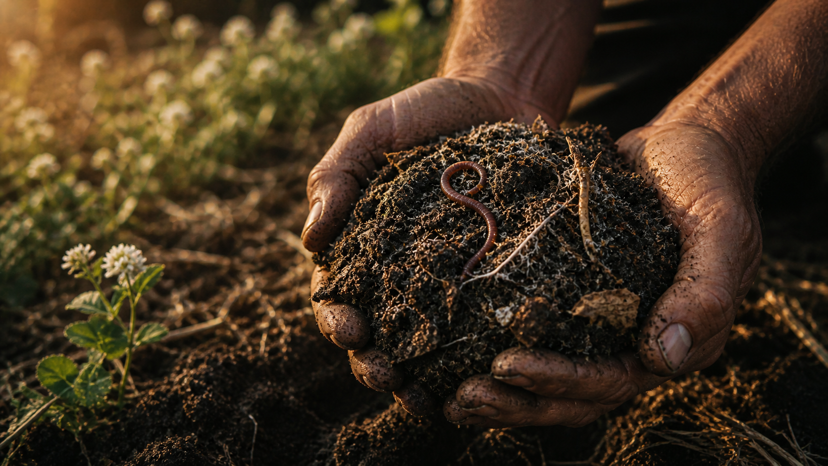Hands cradling dark living soil with mycelium, red worm, and castings in golden hour light.