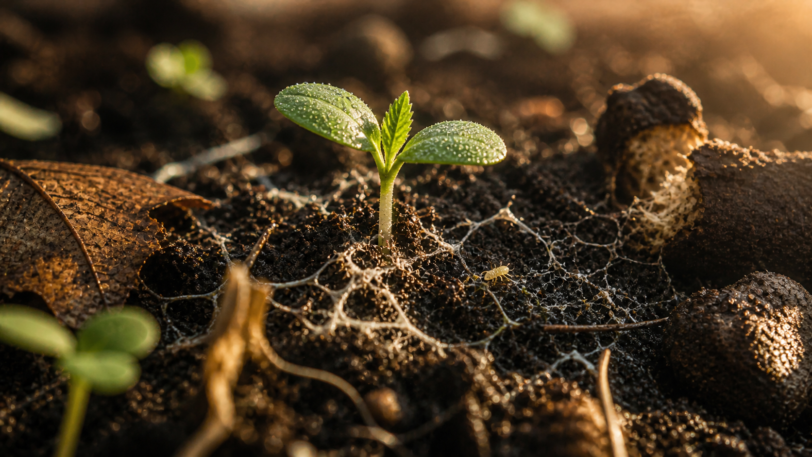 Macro of cannabis seedling rising through living soil with mycorrhizal threads in morning light.