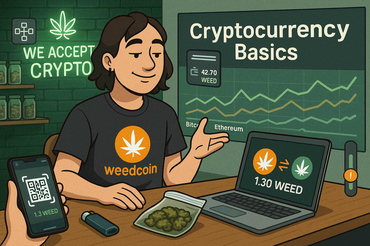 Cannabis user scanning WeedCoin QR code with laptop showing crypto wallet and coins chart.