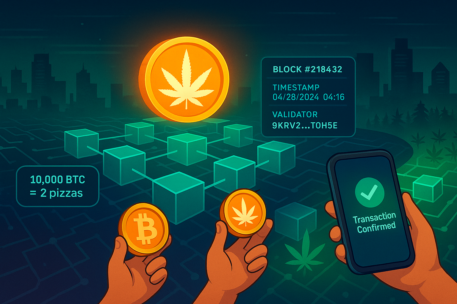 User confirming WeedCoin transaction on blockchain grid with city and cannabis farm backdrop.