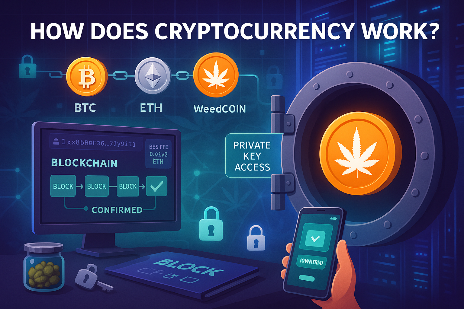 Vault labeled private key opening to reveal WeedCoin with blockchain process on nearby screen.