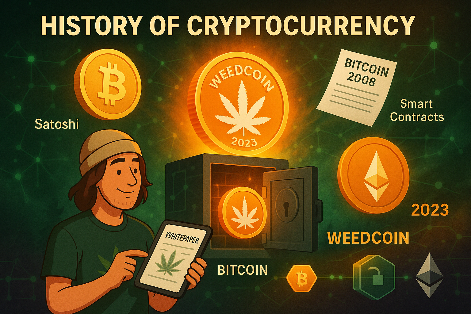WeedCoin emerging from vault with Bitcoin and Ethereum logos, digital paper, and crypto evolution