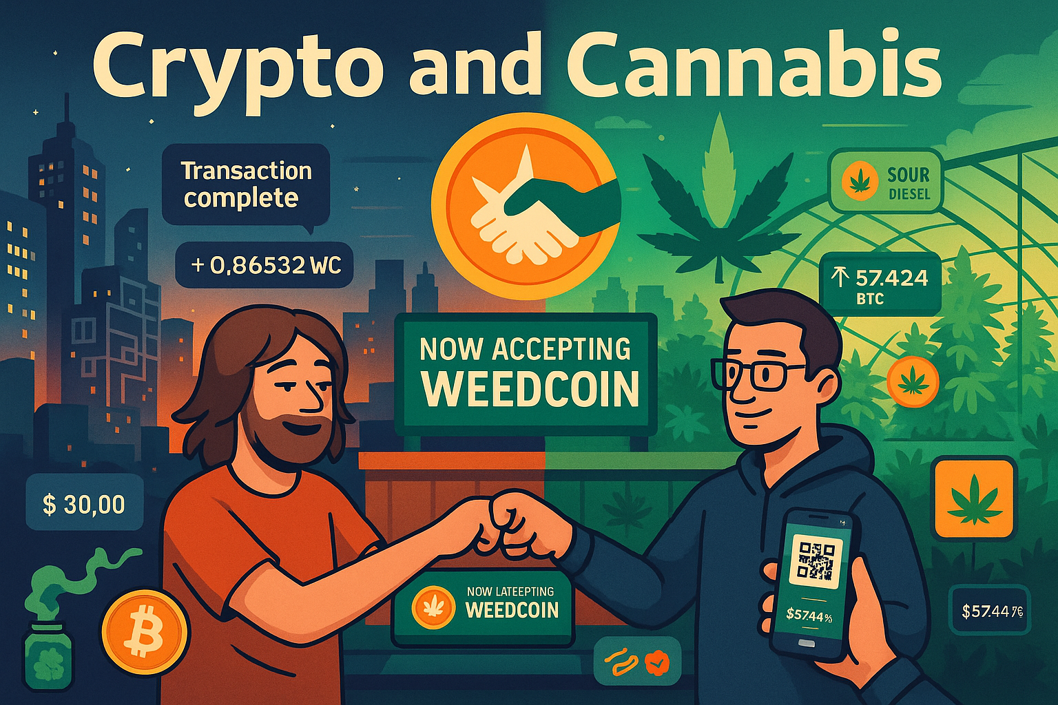 WeedCoin handshake logo bridging crypto and cannabis with dispensary and blockchain visuals.