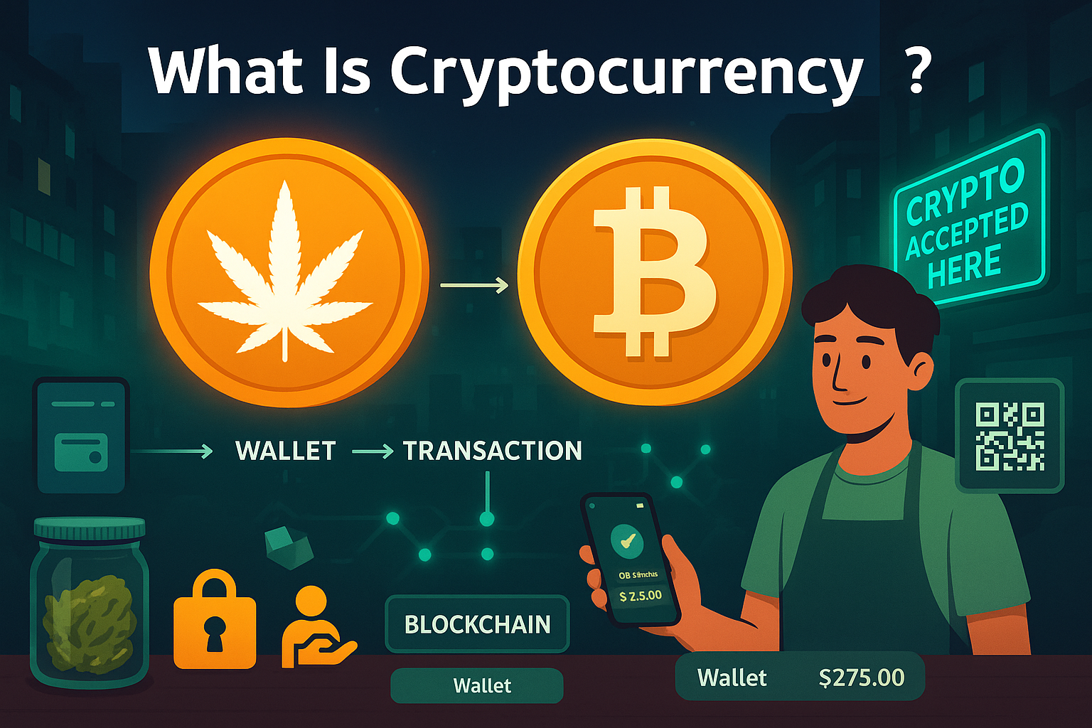 Dispensary worker using crypto wallet with glowing WeedCoin and blockchain diagram behind.