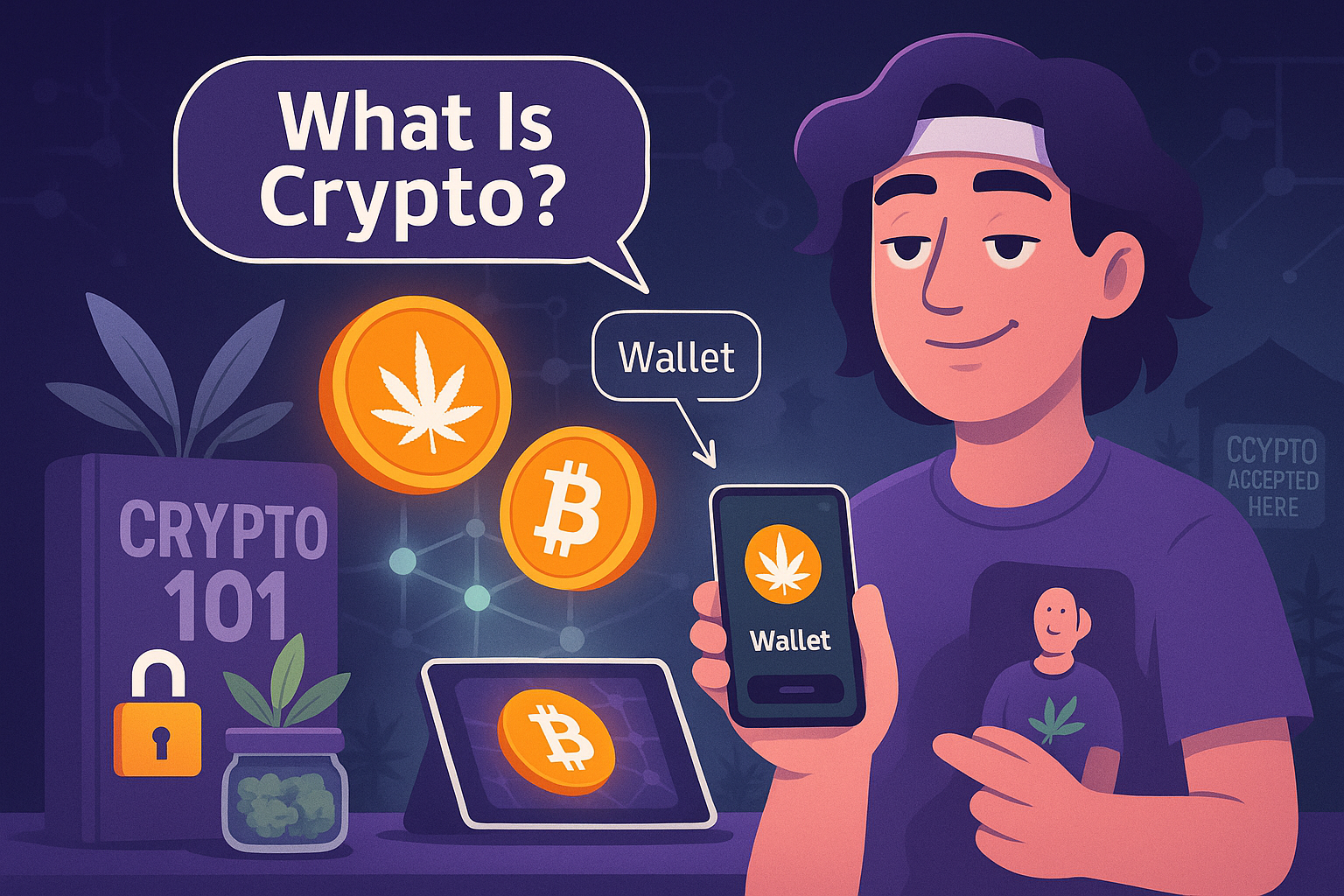 Stoner avatar holding WeedCoin wallet with Crypto 101 book and blockchain graphics in the background.