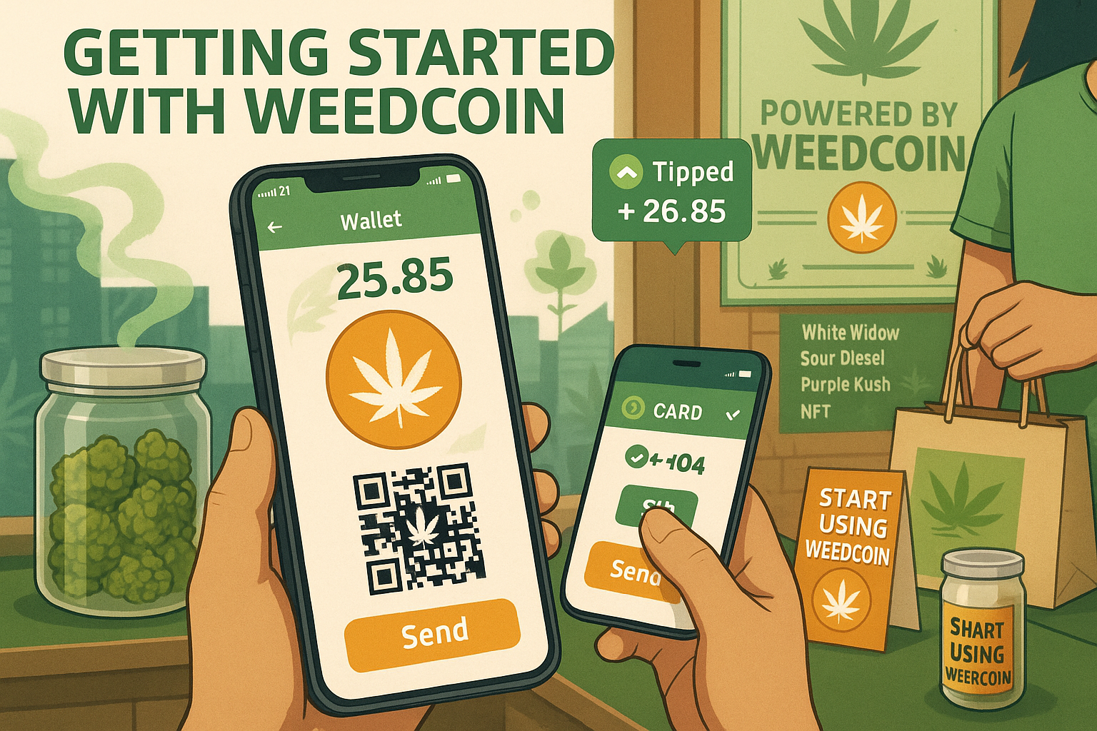 User sending WeedCoin from phone at dispensary counter with QR wallet and digital balance visible.