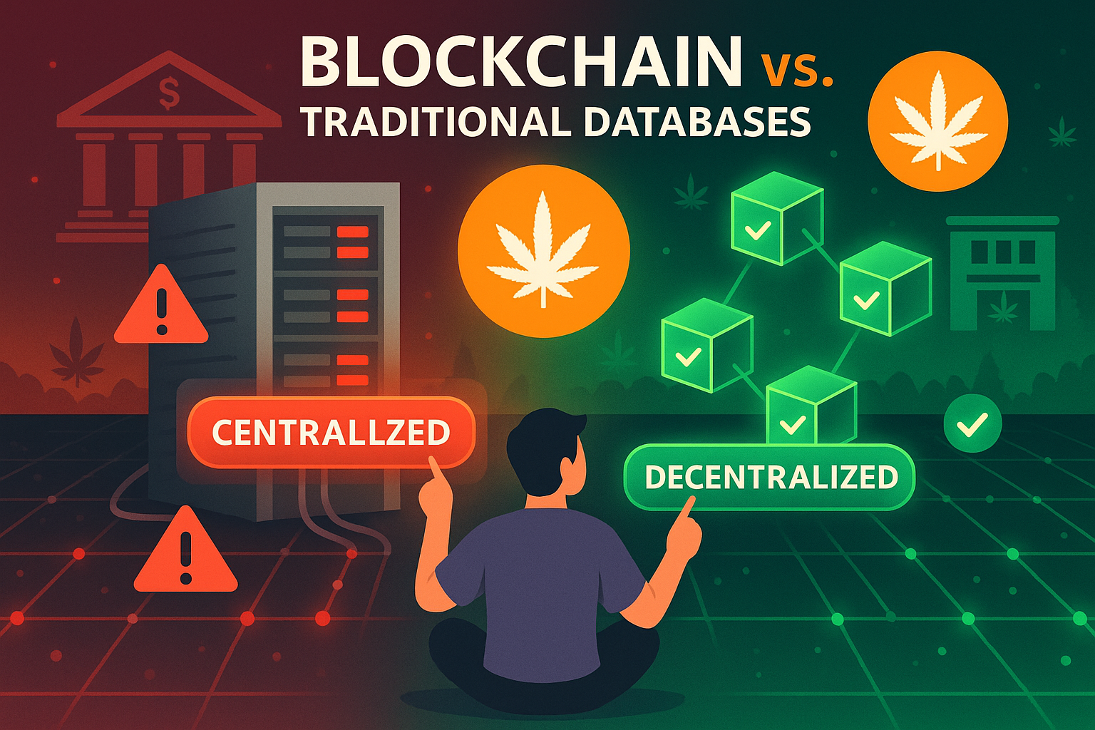 Split image comparing traditional database server with blockchain network and user choice