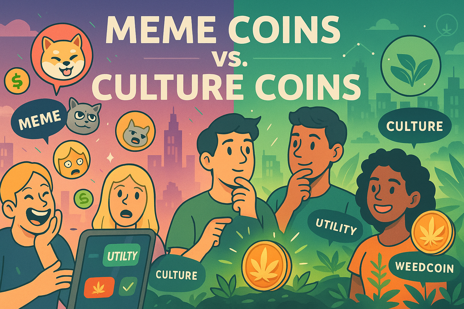 Split scene of chaotic meme coins vs. organized WeedCoin garden with avatar reactions