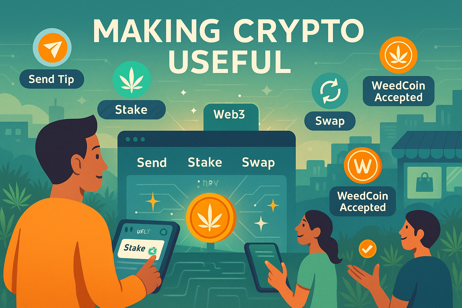 Web3 dashboard with avatar using crypto features across cannabis-themed digital scene