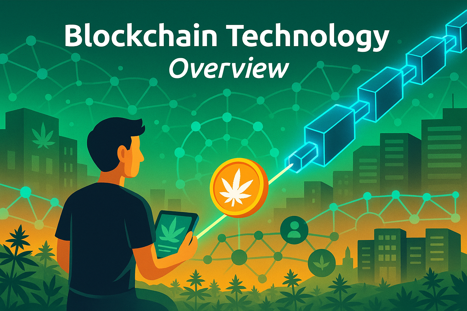 Blockchain glowing across cannabis field with avatar holding WeedCoin token linked to chain