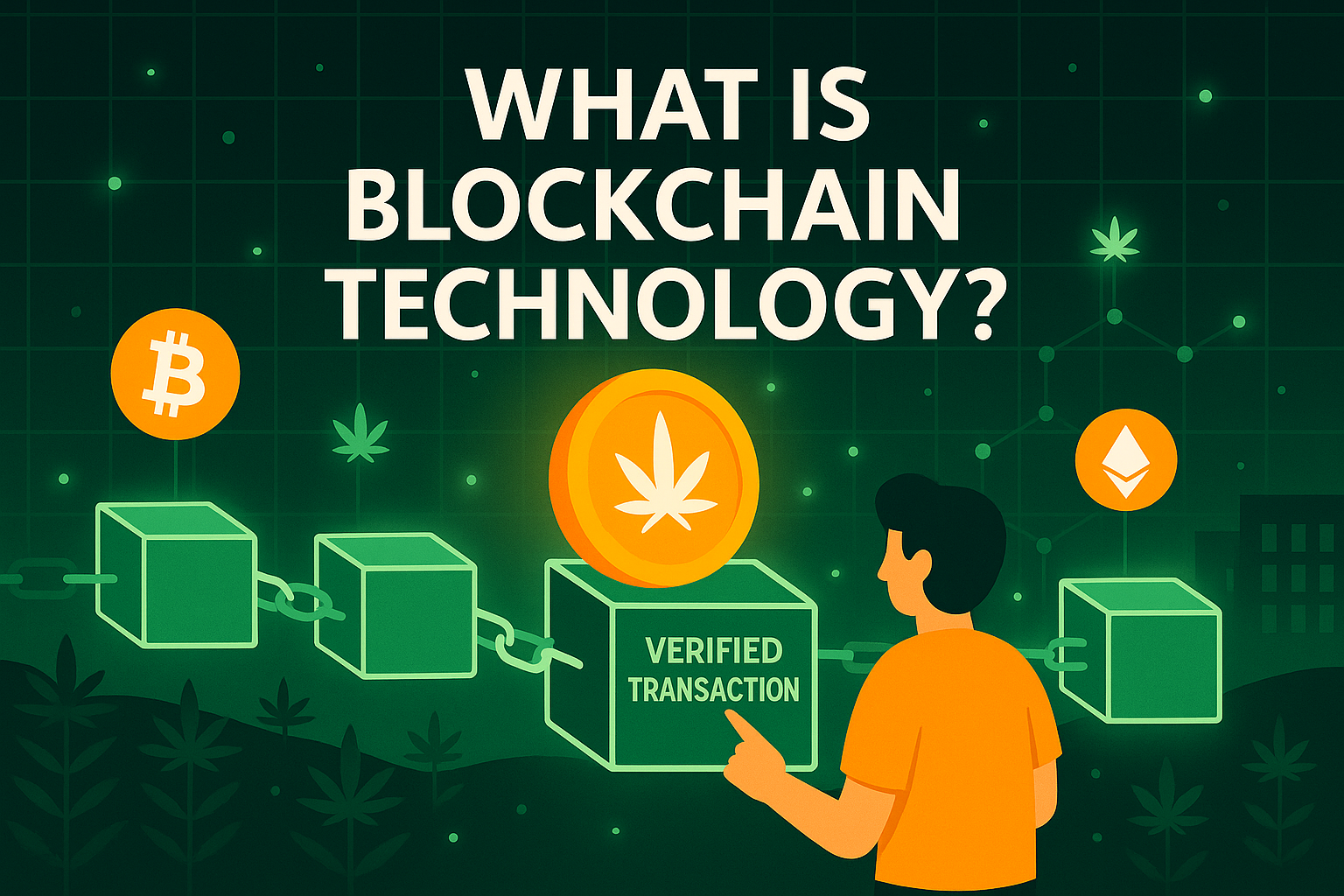 Visual timeline of blockchain blocks with avatar pointing to verified transaction block