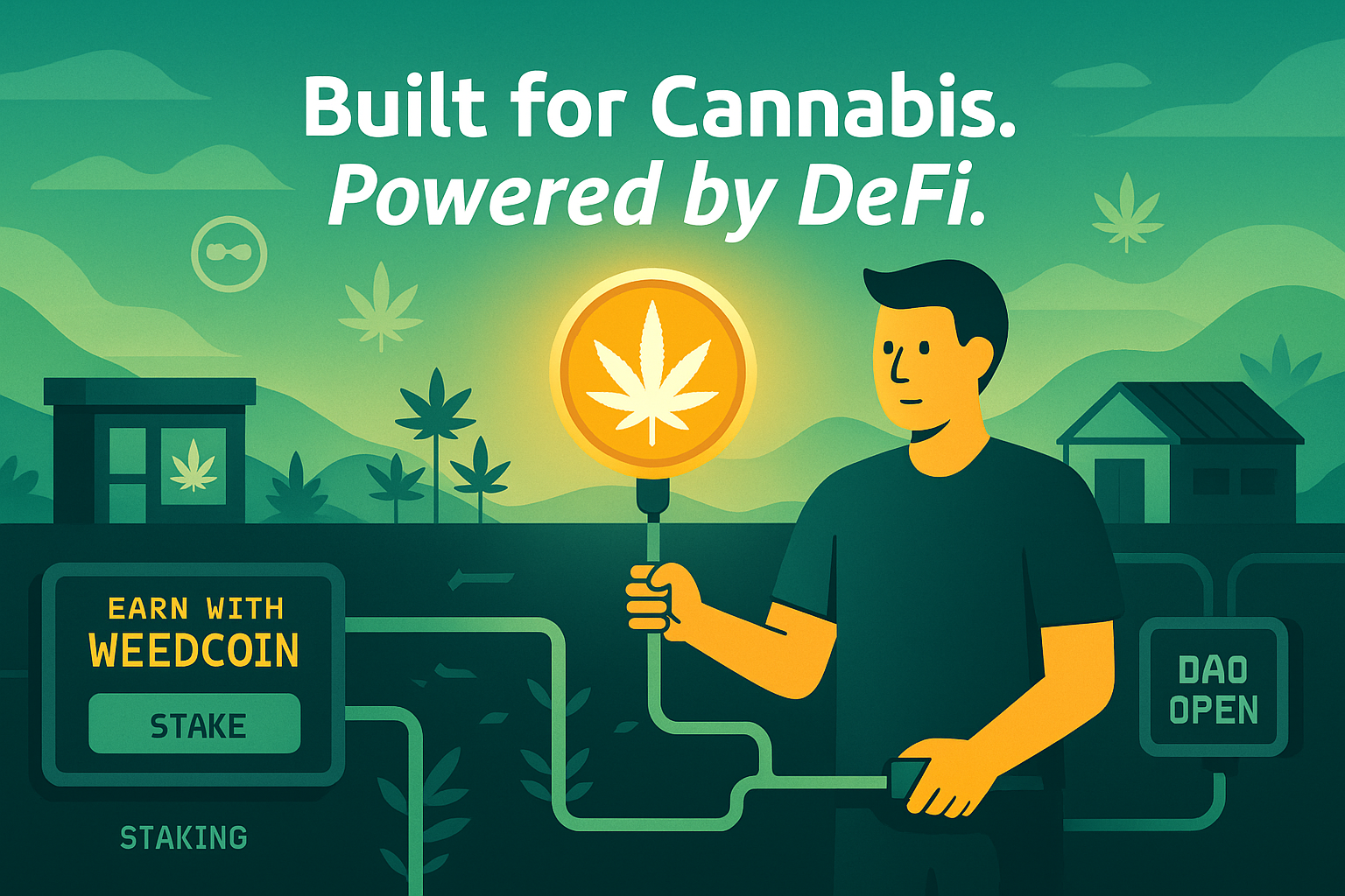 Avatar using WeedCoin to stake, vote, and connect to a DeFi cannabis economy powered by culture