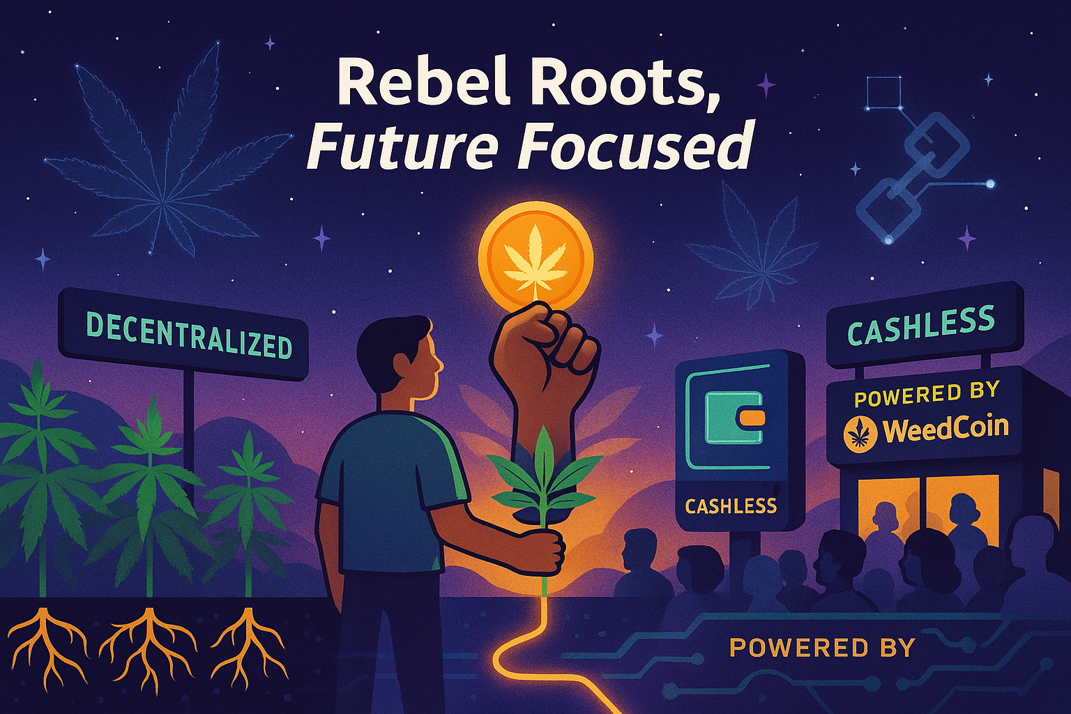 Avatar bridging cannabis field and digital terminal with symbols of rebellion, crypto, and culture